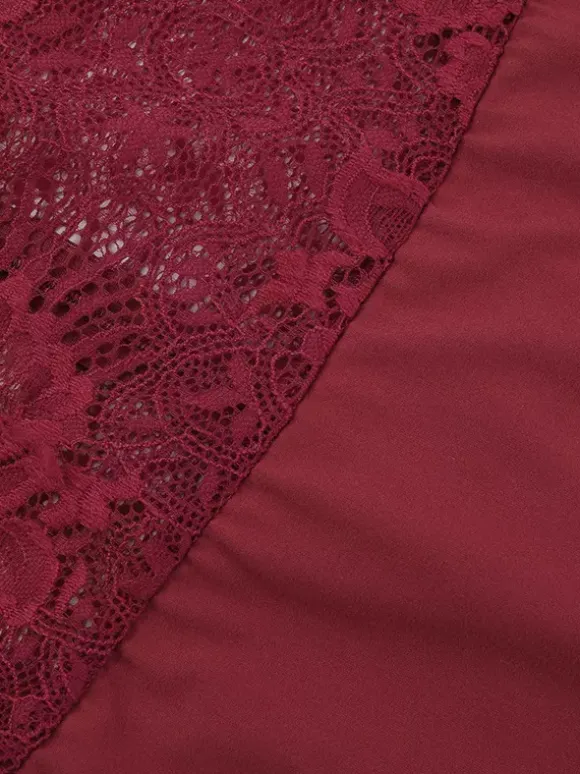 Robe longue en dentelle à épaules dénudées pour femme - Robe moulante rouge bordeaux à manches longues et fente - Soirée de printemps 2026