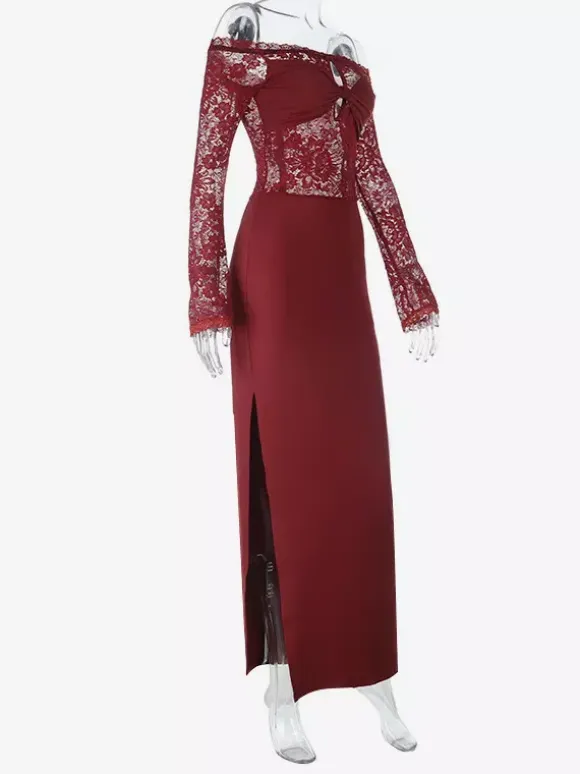 Robe longue en dentelle à épaules dénudées pour femme - Robe moulante rouge bordeaux à manches longues et fente - Soirée de printemps 2026