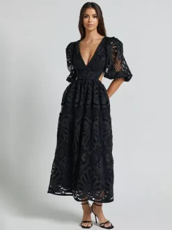Robe longue en dentelle ajourée pour femme - Décolleté en V profond manches bouffantes coupe trapèze - Robe de bal - Invitée à un mariage d'été 2026
