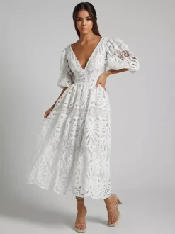 Robe longue en dentelle ajourée pour femme - Décolleté en V profond manches bouffantes coupe trapèze - Robe de bal - Invitée à un mariage d'été 2026