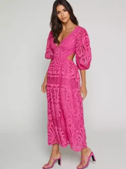 Robe longue en dentelle ajourée pour femme - Décolleté en V profond manches bouffantes coupe trapèze - Robe de bal - Invitée à un mariage d'été 2026