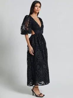 Robe longue en dentelle ajourée pour femme - Décolleté en V profond manches bouffantes coupe trapèze - Robe de bal - Invitée à un mariage d'été 2026