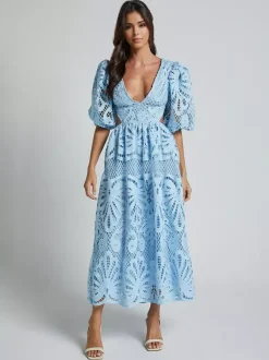 Robe longue en dentelle ajourée pour femme - Décolleté en V profond manches bouffantes coupe trapèze - Robe de bal - Invitée à un mariage d'été 2026