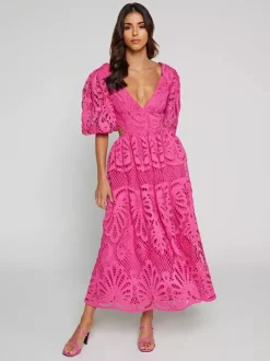 Robe longue en dentelle ajourée pour femme - Décolleté en V profond manches bouffantes coupe trapèze - Robe de bal - Invitée à un mariage d'été 2026