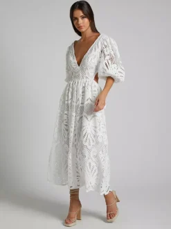 Robe longue en dentelle ajourée pour femme - Décolleté en V profond manches bouffantes coupe trapèze - Robe de bal - Invitée à un mariage d'été 2026