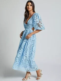 Robe longue en dentelle ajourée pour femme - Décolleté en V profond manches bouffantes coupe trapèze - Robe de bal - Invitée à un mariage d'été 2026