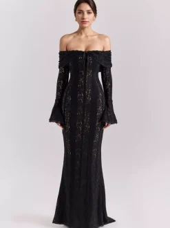 Robe longue en dentelle florale noire à épaules dénudées et manches longues en forme de cloche robe moulante sirène pour femmes 2026