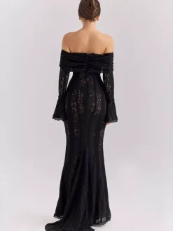 Robe longue en dentelle florale noire à épaules dénudées et manches longues en forme de cloche robe moulante sirène pour femmes 2026