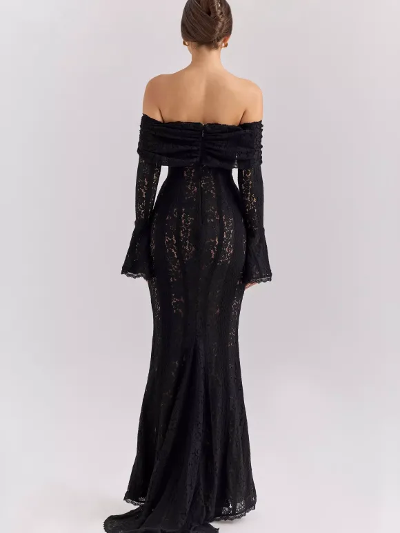 Robe longue en dentelle florale noire à épaules dénudées et manches longues en forme de cloche robe moulante sirène pour femmes 2026