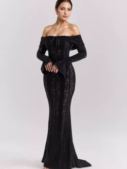 Robe longue en dentelle florale noire à épaules dénudées et manches longues en forme de cloche robe moulante sirène pour femmes 2026