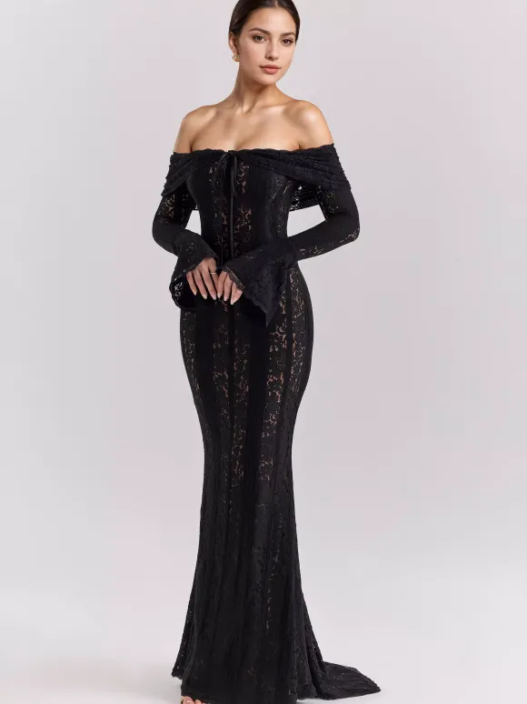 Robe longue en dentelle florale noire à épaules dénudées et manches longues en forme de cloche robe moulante sirène pour femmes 2026