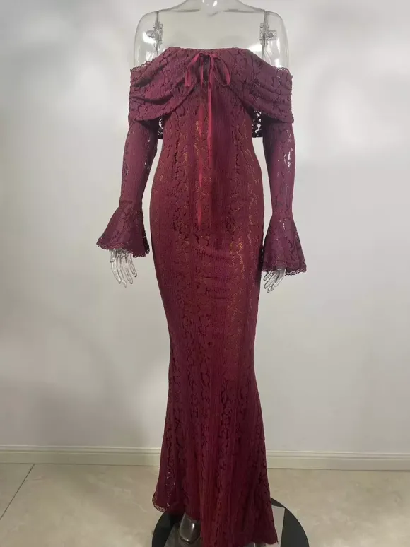 Robe longue en dentelle florale noire à épaules dénudées et manches longues en forme de cloche robe moulante sirène pour femmes 2026