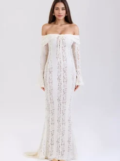 Robe longue en dentelle florale noire à épaules dénudées et manches longues en forme de cloche robe moulante sirène pour femmes 2026