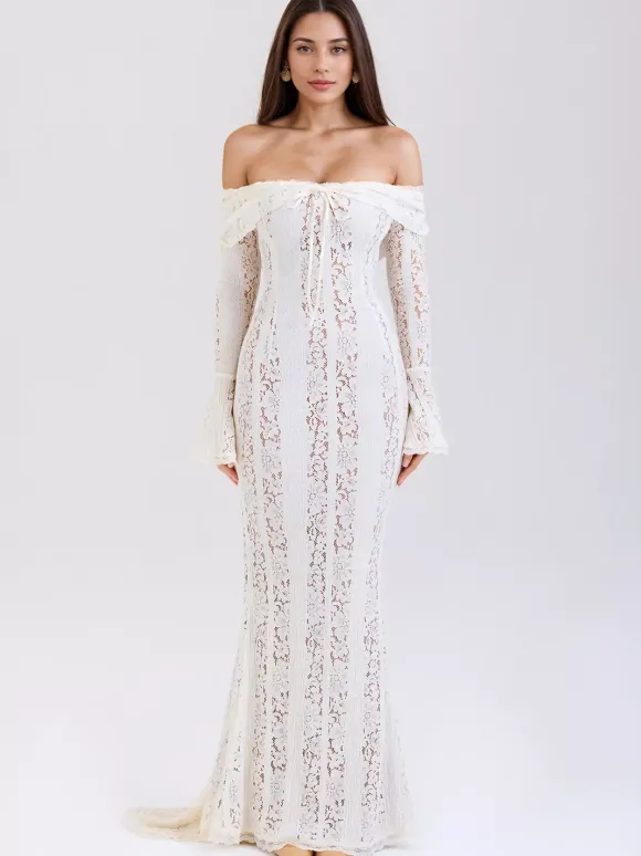Robe longue en dentelle florale noire à épaules dénudées et manches longues en forme de cloche robe moulante sirène pour femmes 2026