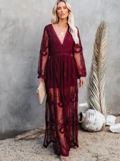 Robe longue en dentelle transparente pour femme - Robe bohème fendue col en V manches lanternes en résille - Mariage d'été à la plage 2026