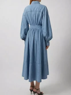 Robe longue en jean à manches lanternes pour femme - Délavage clair style western taille croisée - Collection printemps 2026