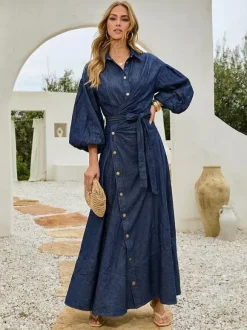 Robe longue en jean à manches lanternes pour femme - Délavage clair style western taille croisée - Collection printemps 2026