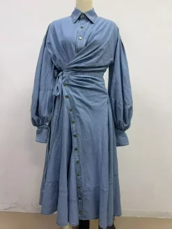 Robe longue en jean à manches lanternes pour femme - Délavage clair style western taille croisée - Collection printemps 2026