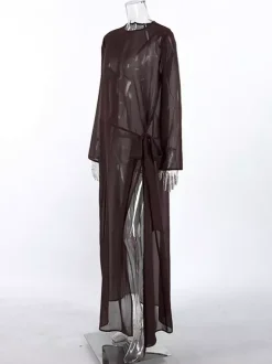 Robe longue en maille transparente à manches longues et fente latérale style cache-maillot pour femme 2026