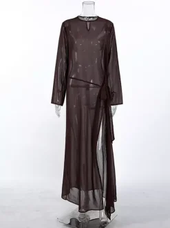 Robe longue en maille transparente à manches longues et fente latérale style cache-maillot pour femme 2026