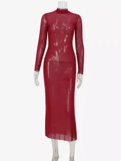 Robe longue en résille strass pour femme - Robe moulante rouge transparente à col montant et manches longues - Tenue de soirée d'été 2026