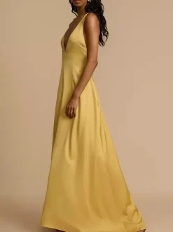Robe longue en satin dos nu à décolleté plongeant pour femme - Robe de soirée jaune bohème ornée de perles de bois - Idéale pour un mariage d'été à la plage (2026)