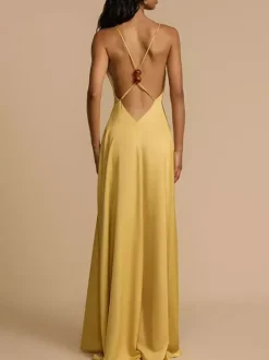 Robe longue en satin dos nu à décolleté plongeant pour femme - Robe de soirée jaune bohème ornée de perles de bois - Idéale pour un mariage d'été à la plage (2026)