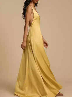 Robe longue en satin dos nu à décolleté plongeant pour femme - Robe de soirée jaune bohème ornée de perles de bois - Idéale pour un mariage d'été à la plage (2026)