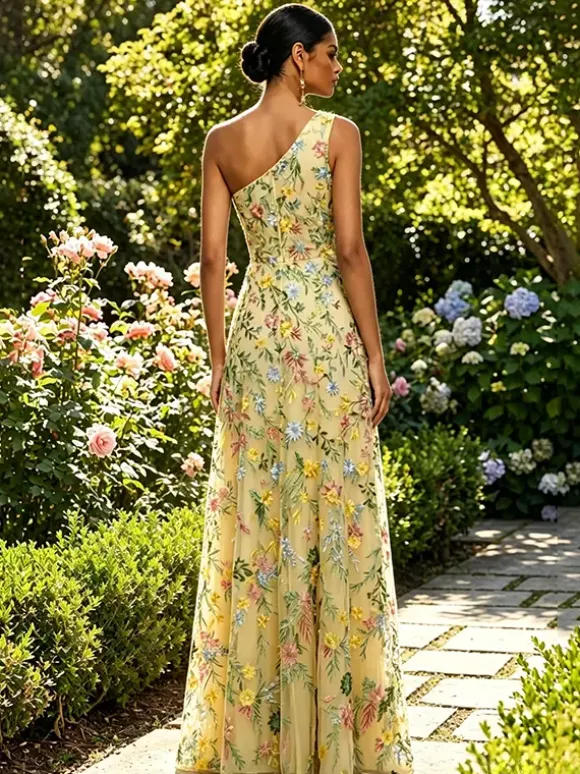 Robe longue en tulle brodée de fleurs asymétrique col drapé fente haute idéale pour une invitée de mariage ou une soirée de gala.