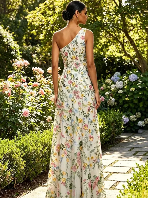 Robe longue en tulle brodée de fleurs asymétrique col drapé fente haute idéale pour une invitée de mariage ou une soirée de gala.