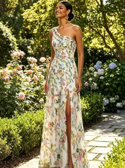 Robe longue en tulle brodée de fleurs asymétrique col drapé fente haute idéale pour une invitée de mariage ou une soirée de gala.