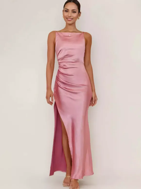 Robe longue fendue rose pâle dos nu robe de soirée pour femme 2026