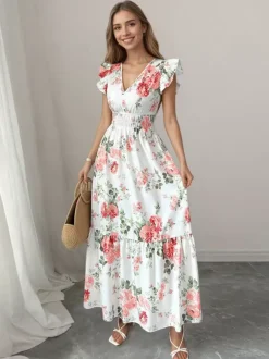 Robe longue fleurie pour femme - Robe d'été à volants taille smockée et col en V - Idéale pour les invitées aux mariages d'été 2026