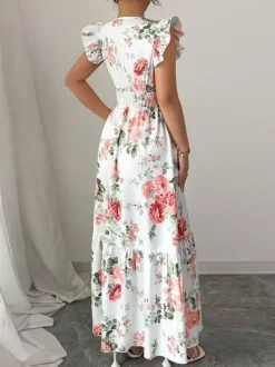 Robe longue fleurie pour femme - Robe d'été à volants taille smockée et col en V - Idéale pour les invitées aux mariages d'été 2026