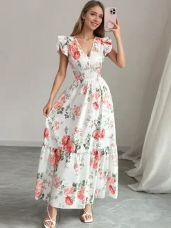 Robe longue fleurie pour femme - Robe d'été à volants taille smockée et col en V - Idéale pour les invitées aux mariages d'été 2026
