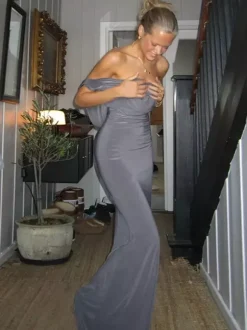 Robe longue grise à col bénitier pour femme - Élégante robe moulante dos nu - Robe de soirée minimaliste pour gala 2026