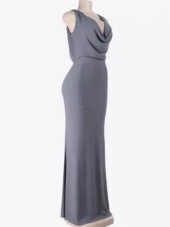 Robe longue grise à col bénitier pour femme - Élégante robe moulante dos nu - Robe de soirée minimaliste pour gala 2026