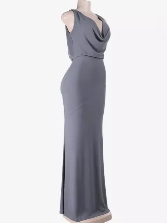 Robe longue grise à col bénitier pour femme - Élégante robe moulante dos nu - Robe de soirée minimaliste pour gala 2026