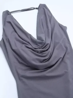 Robe longue grise à col bénitier pour femme - Élégante robe moulante dos nu - Robe de soirée minimaliste pour gala 2026