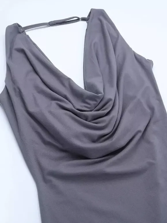 Robe longue grise à col bénitier pour femme - Élégante robe moulante dos nu - Robe de soirée minimaliste pour gala 2026