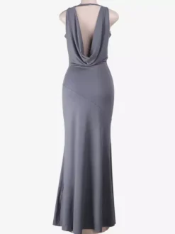 Robe longue grise à col bénitier pour femme - Élégante robe moulante dos nu - Robe de soirée minimaliste pour gala 2026