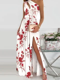 Robe Longue Imprimé Femme avec Bretelles avec Epaule Dénudée Coupe Cintrée avec Fente Bicolores