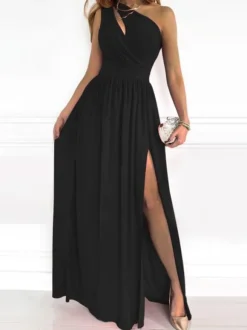 Robe Longue Imprimé Femme avec Bretelles avec Epaule Dénudée Coupe Cintrée avec Fente Bicolores