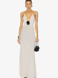 Robe longue élégante à décolleté plongeant en V pour femme - Robe nuisette longue sexy dos nu coupe ajustée ornée d'un corsage de fleurs - Soirée d'été 2026