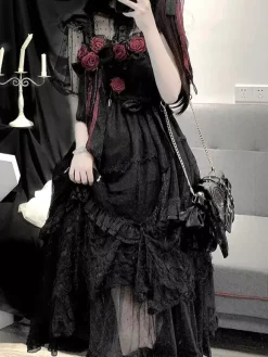 Robe longue Lolita gothique noire JSK à fleurs et dentelle à volants