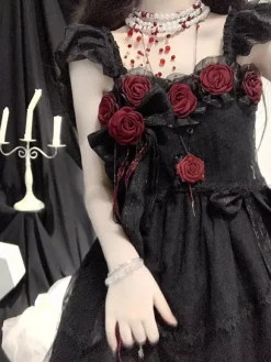 Robe longue Lolita gothique noire JSK à fleurs et dentelle à volants