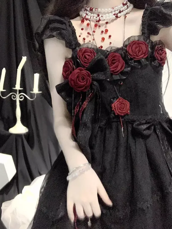 Robe longue Lolita gothique noire JSK à fleurs et dentelle à volants