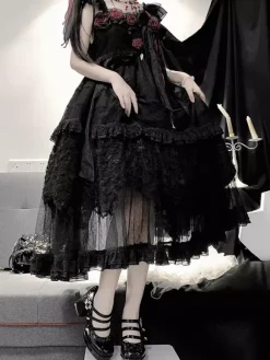 Robe longue Lolita gothique noire JSK à fleurs et dentelle à volants