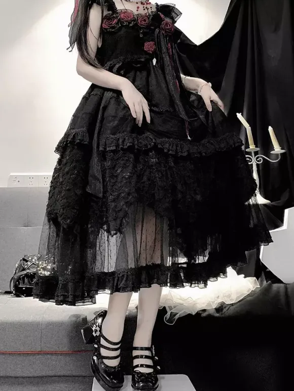 Robe longue Lolita gothique noire JSK à fleurs et dentelle à volants