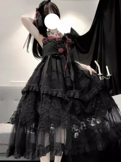 Robe longue Lolita gothique noire JSK à fleurs et dentelle à volants
